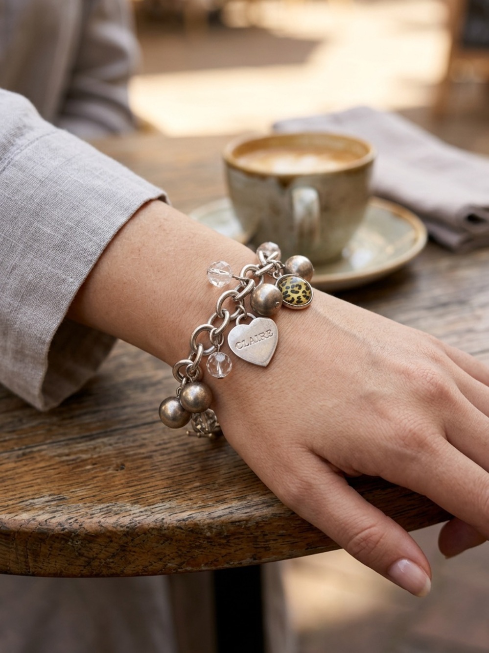 Chico’s Heart Charm Bracelet with Beads and Leopard Print Charm